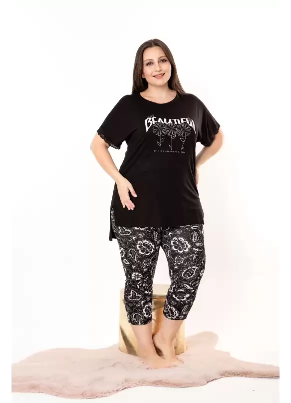 Büyük Beden Beautiful Yazılı Pijama Takımı
