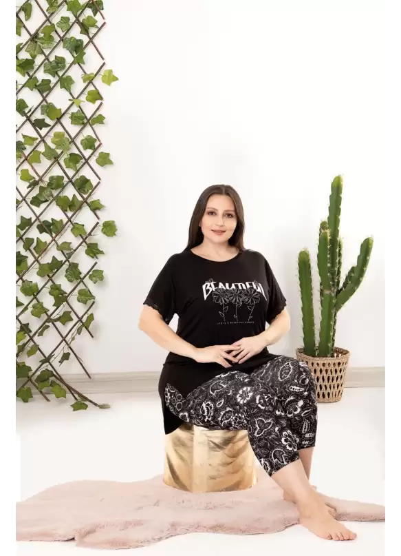 Büyük Beden Beautiful Yazılı Pijama Takımı