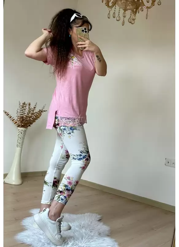 Dantel Detaylı Çiçekli Tayt Takım