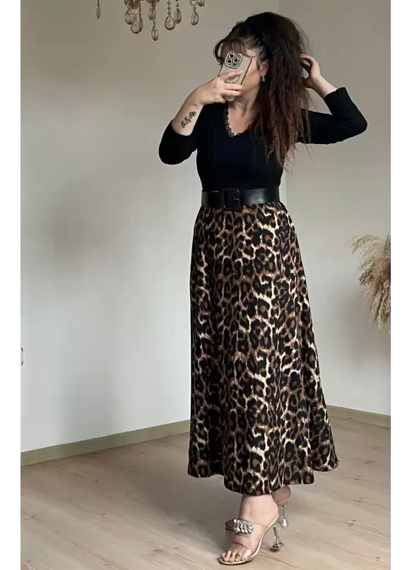 Deri Kemerli leopar Süet Elbise