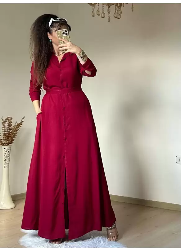 Düz Cepli Gömlek Elbise Bordo