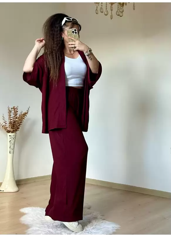 Düz Kimono Büyük beden Bordo