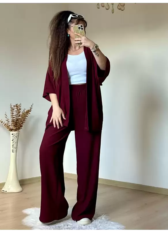 Düz Kimono Büyük beden Bordo
