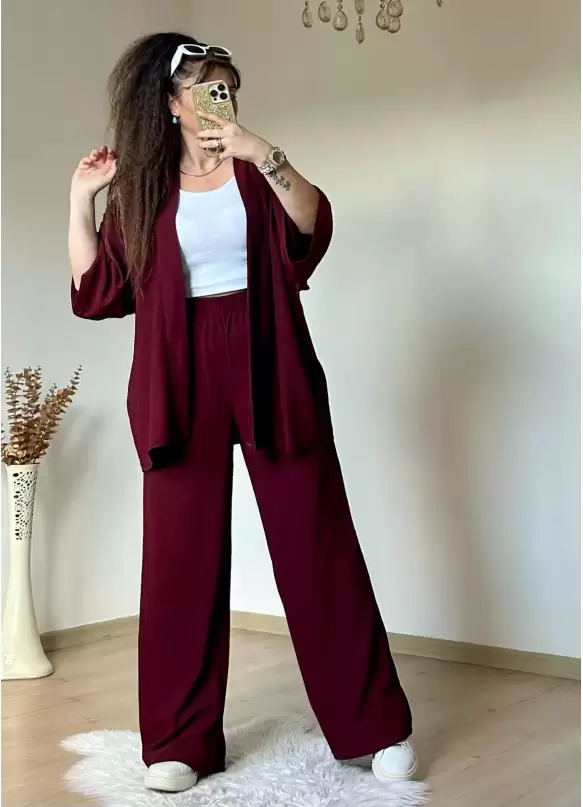 Düz Kimono Büyük beden Bordo