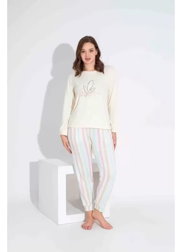 Ekru Çizgi Desen Anne Pijama Takımı