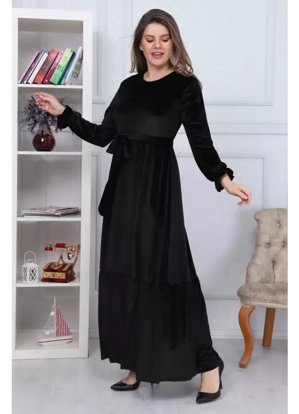 Eteği Fırfırlı Kadife Elbise Siyah