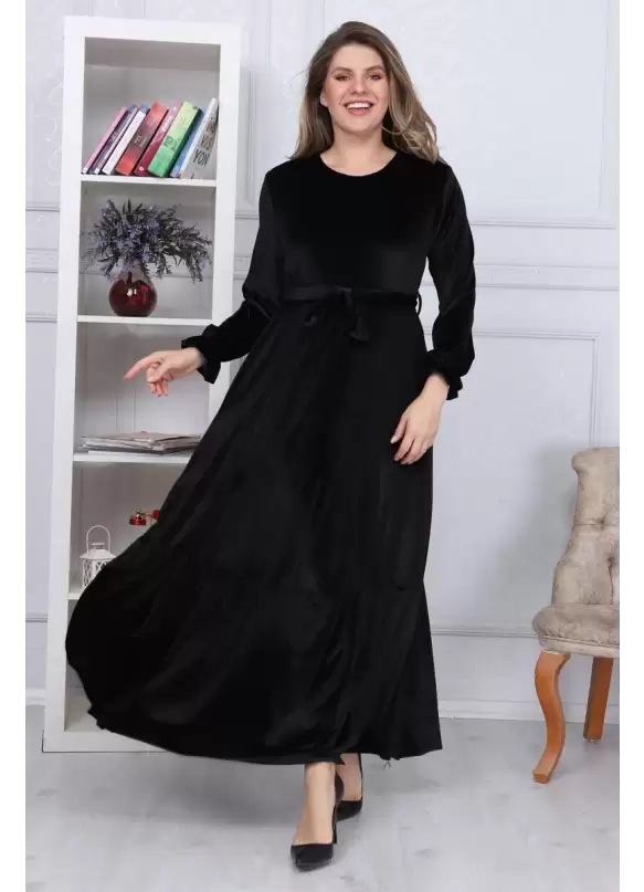 Eteği Fırfırlı Kadife Elbise Siyah