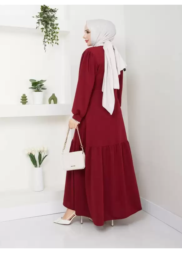 Etek Fırfırlı Elbise Bordo