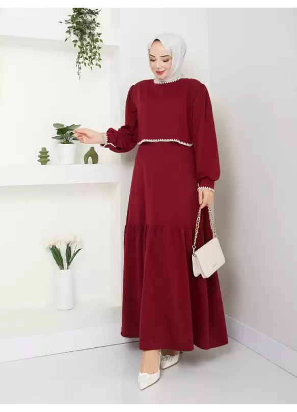 Etek Fırfırlı Elbise Bordo