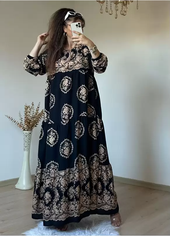 Halka Desen Sıyah Salaş Elbise
