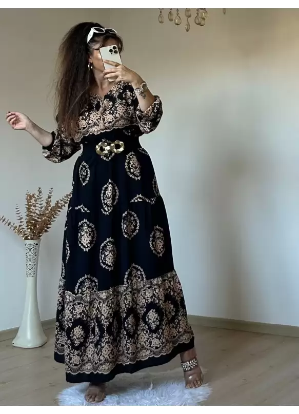 Halka Desen Sıyah Salaş Elbise
