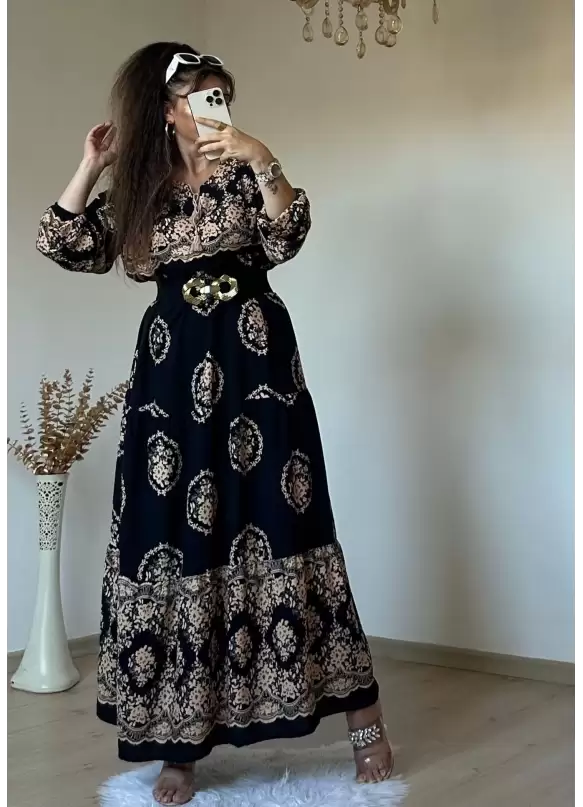 Halka Desen Sıyah Salaş Elbise