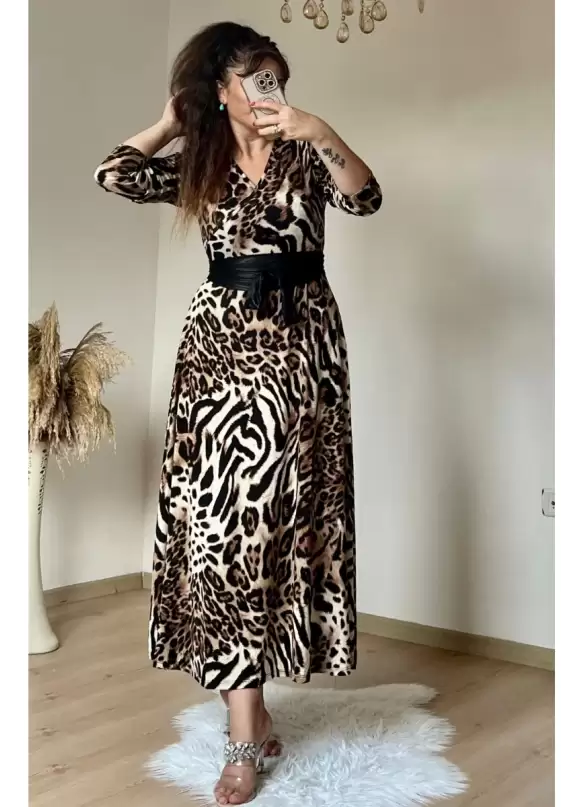 Halka Kemerli Kahve Leopar Penye Elbise