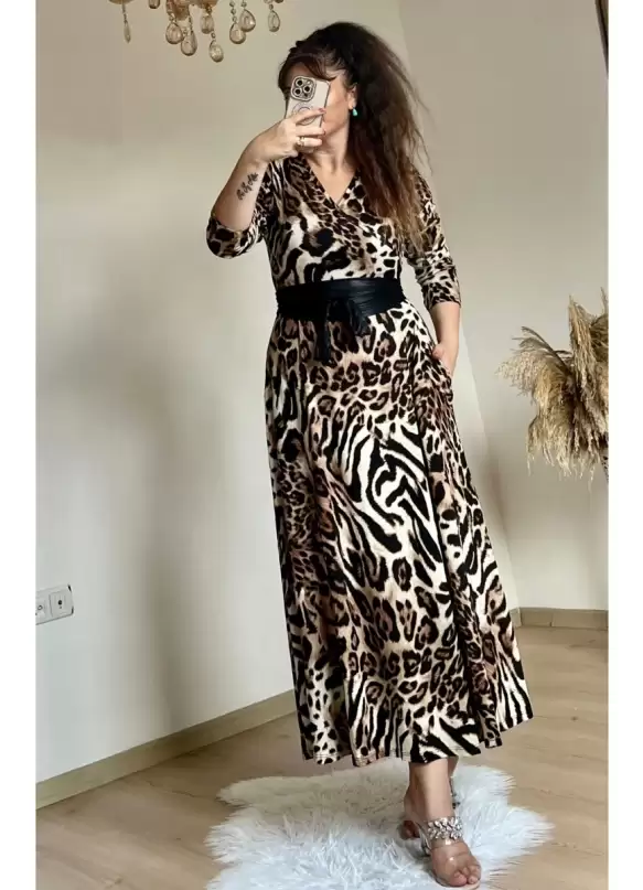 Halka Kemerli Kahve Leopar Penye Elbise