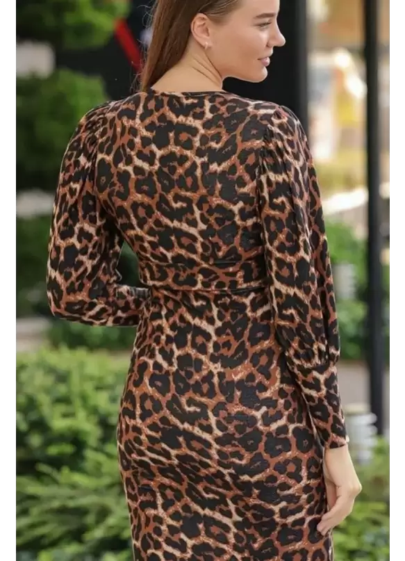 Halka Kemerli Koyu Leopar Kalem Elbise