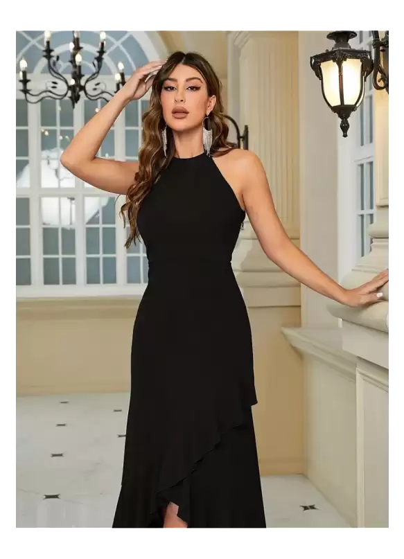 Halter Yaka Eteği Volanlı Krep Uzun Elbise Siyah