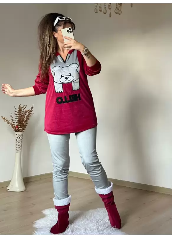 Hello Yazılı Kadife Takım Kırmızı