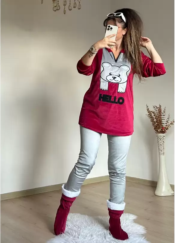 Hello Yazılı Kadife Takım Kırmızı