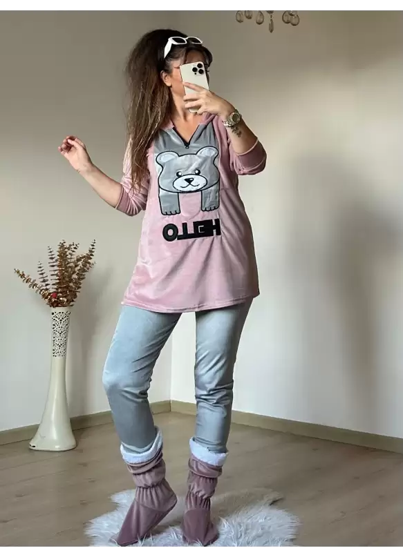 Hello Yazılı Kadife Takım Pudra