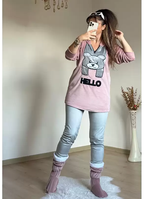 Hello Yazılı Kadife Takım Pudra