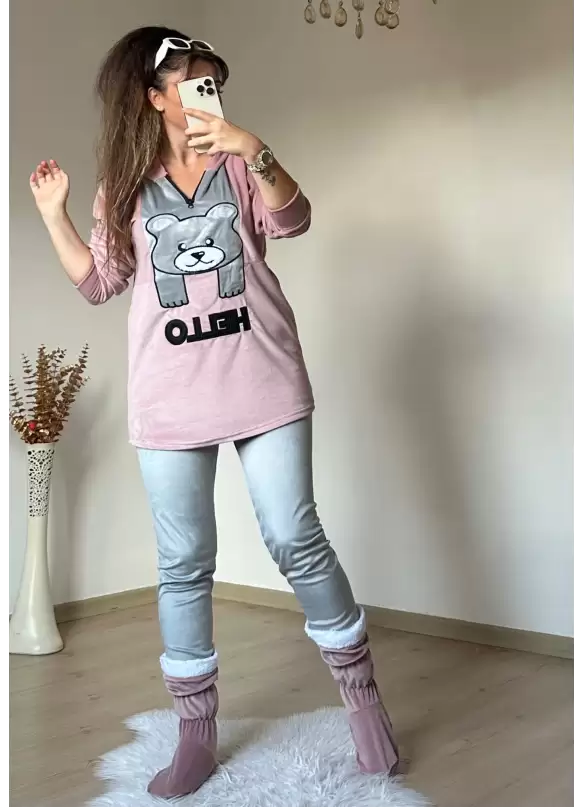 Hello Yazılı Kadife Takım Pudra