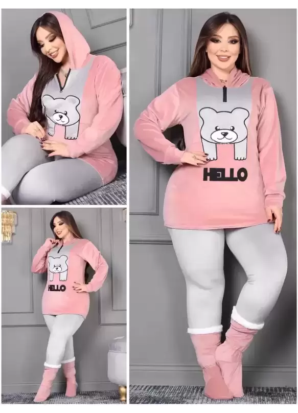 Hello Yazılı Kadife Takım Pudra