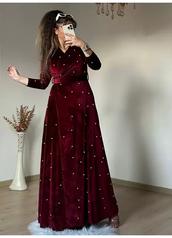 İncili Kadife Elbise - BORDO