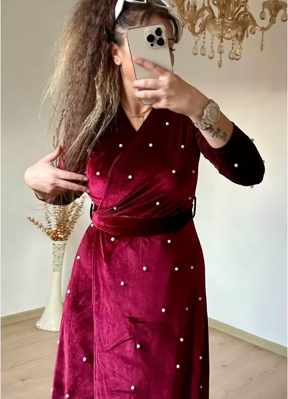 İncili Kadife Elbise - BORDO