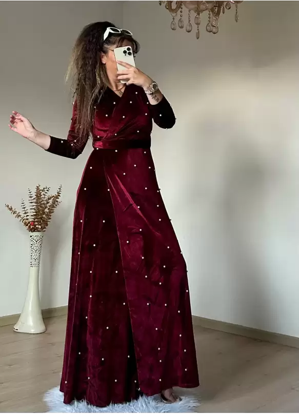 İncili Kadife Elbise - BORDO