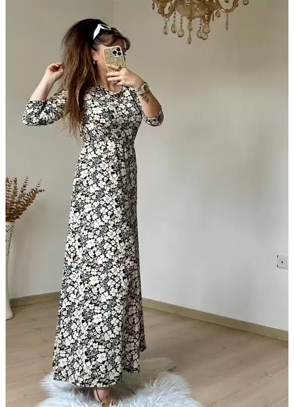 Kahve Çıtır Çıceklı Bürümcük Elbise