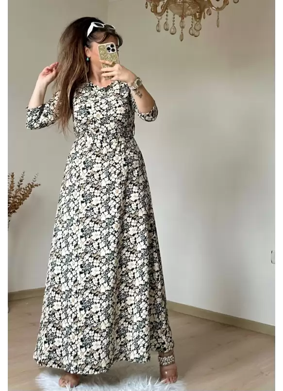 Kahve Çıtır Çıceklı Bürümcük Elbise