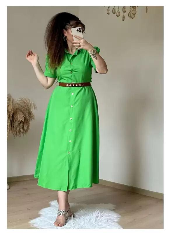Kahve Kemerli Gömlek Elbise Yeşil
