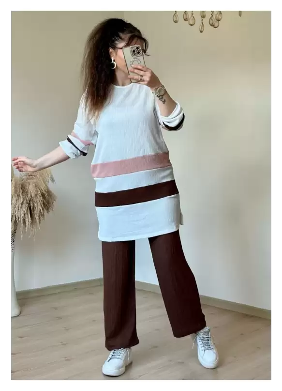 Kahve Pudra Şeritli Takım