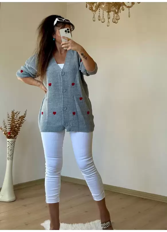 Kalplı Hırka Gri