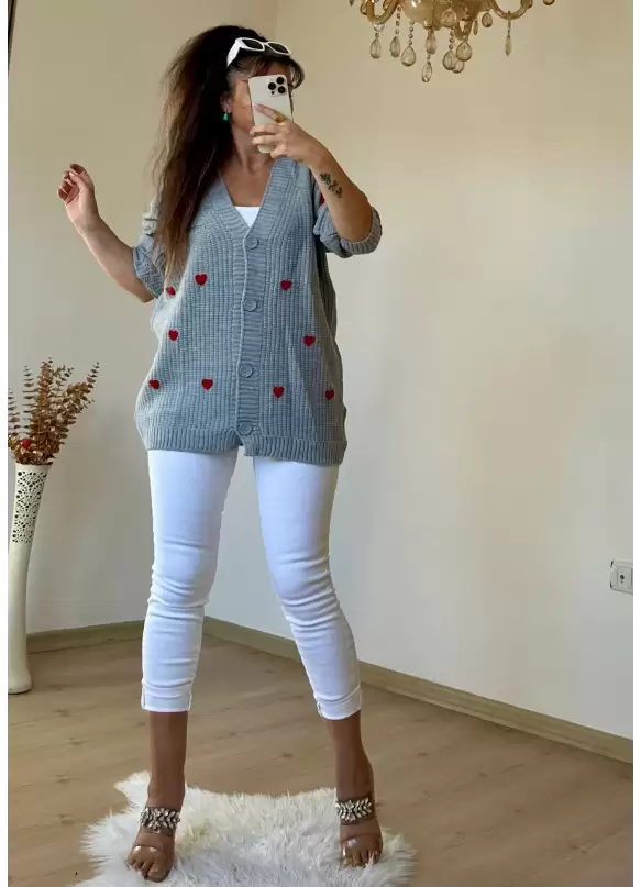 Kalplı Hırka Gri
