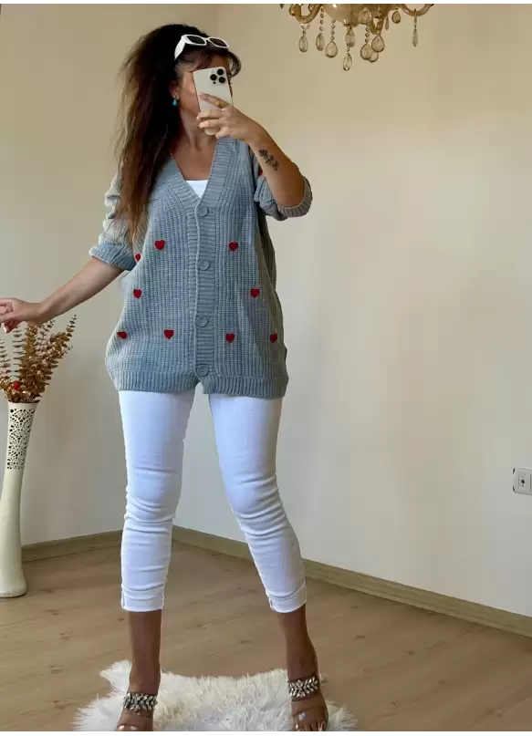 Kalplı Hırka Gri