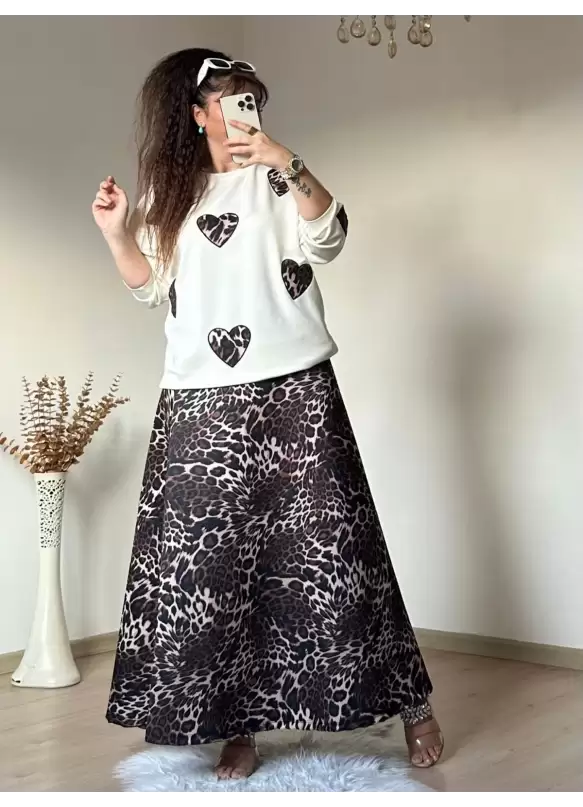 Kalpli Leopar Etek Bluz Takım
