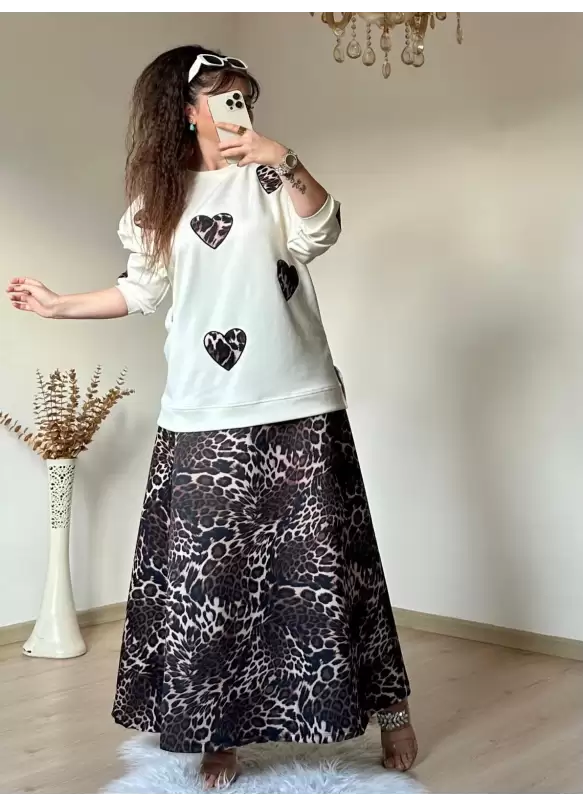 Kalpli Leopar Etek Bluz Takım