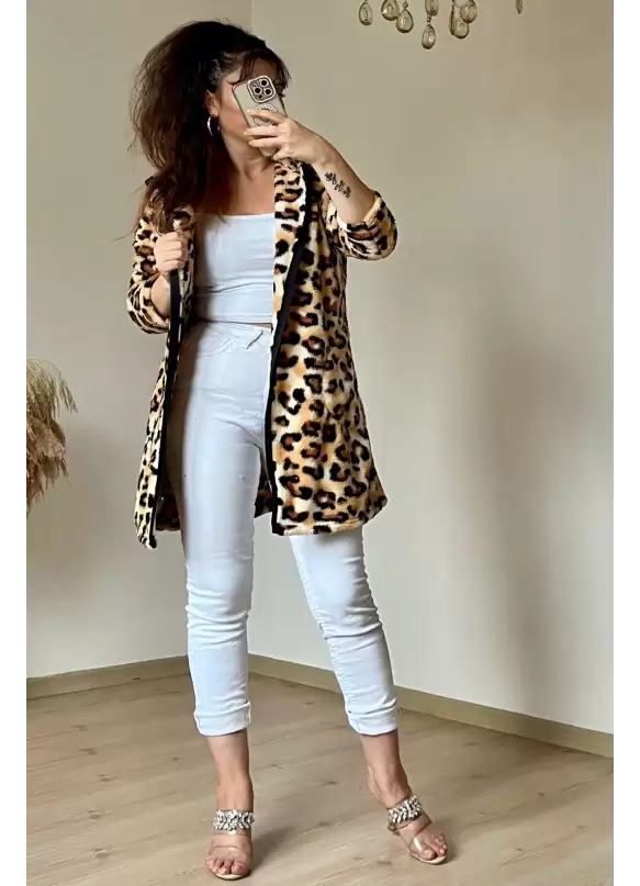 Kapuşonlu Leopar Peluş Hırka