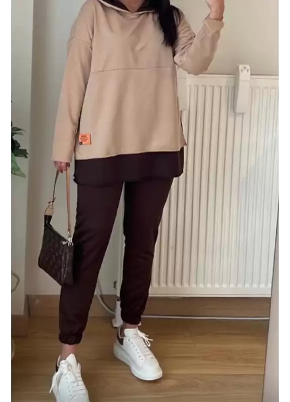 Kapüşonlu Yan Yırtmaçlı Takım Bej