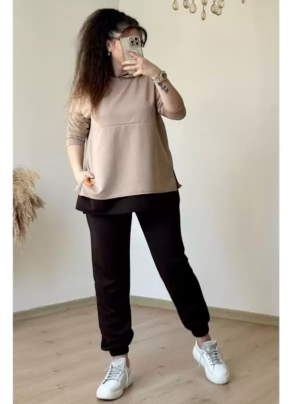 Kapüşonlu Yan Yırtmaçlı Takım Bej