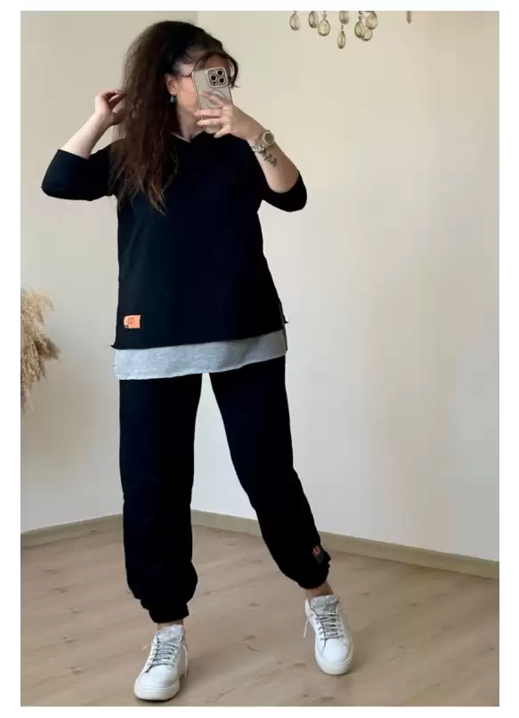 Kapüşonlu Yan Yırtmaçlı Takım Siyah