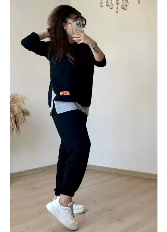 Kapüşonlu Yan Yırtmaçlı Takım Siyah
