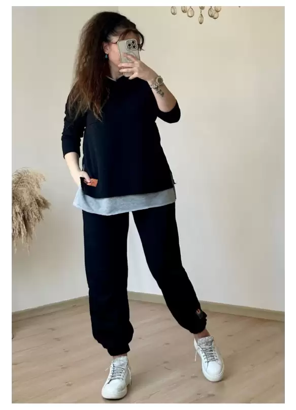 Kapüşonlu Yan Yırtmaçlı Takım Siyah