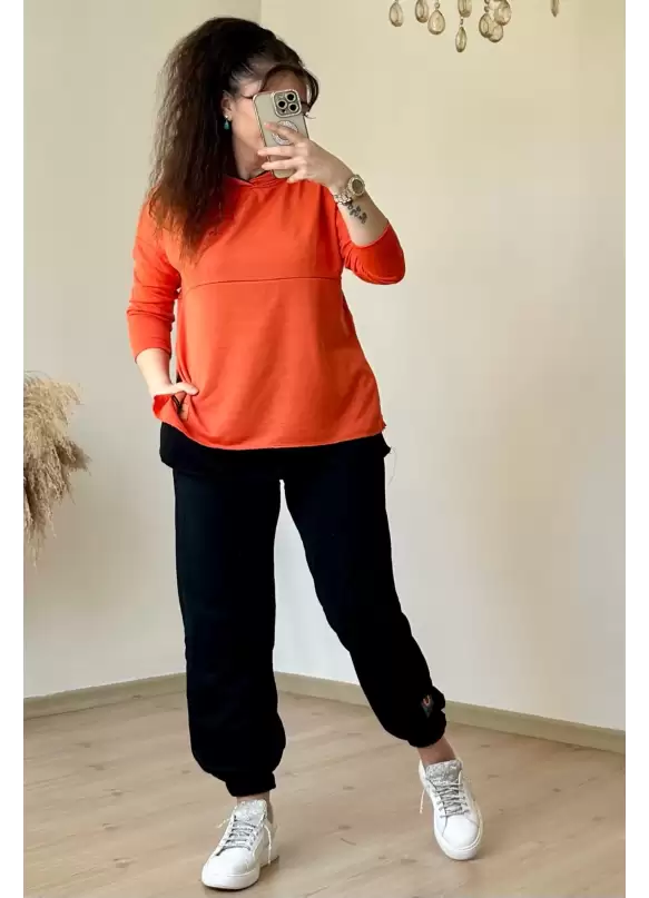 Kapüşonlu Yan Yırtmaçlı Takım Turuncu