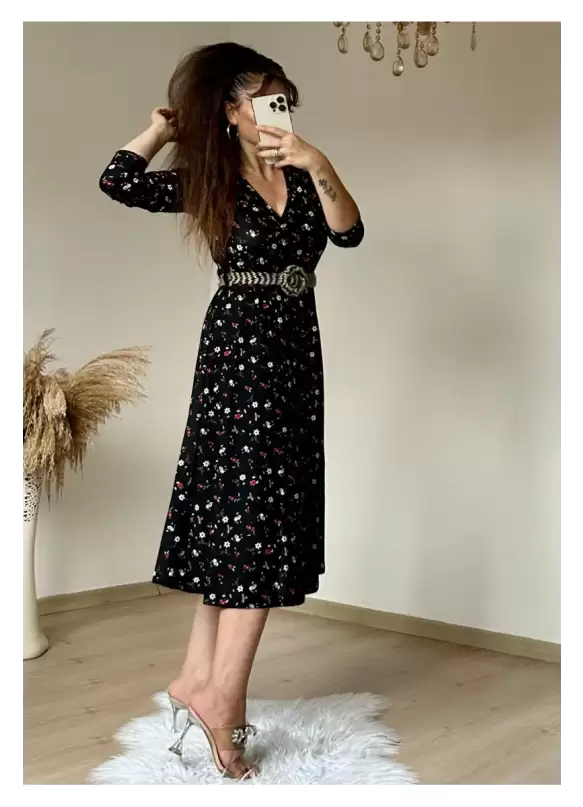 Kemerli Çıtır Çiçekli Krep Elbise Siyah