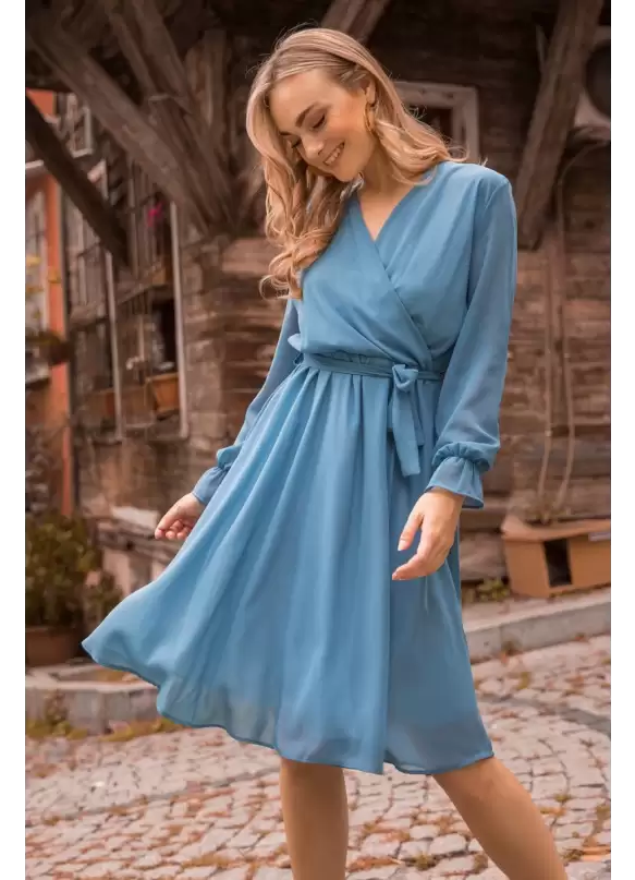 Kısa Düz Şifon Elbise Mavi