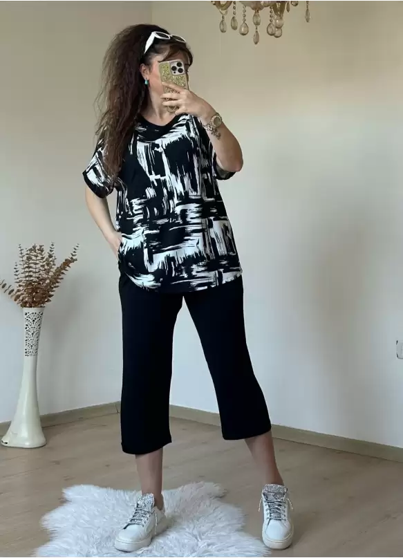 Kısa Kol Beyaz Baskı Desen takım