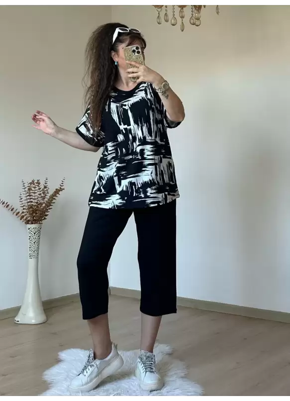 Kısa Kol Beyaz Baskı Desen takım