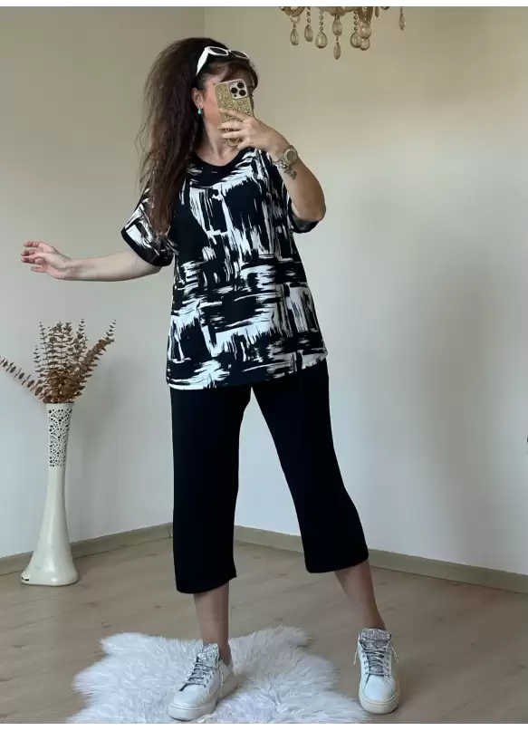 Kısa Kol Beyaz Baskı Desen takım